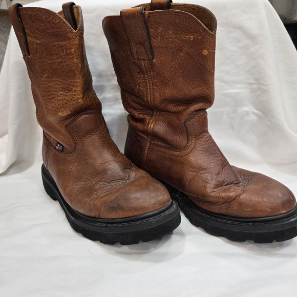Justin WK4905 Brown Leather Pull On Round Toe Work Boots Mens 7 W - Picture 1 of 13